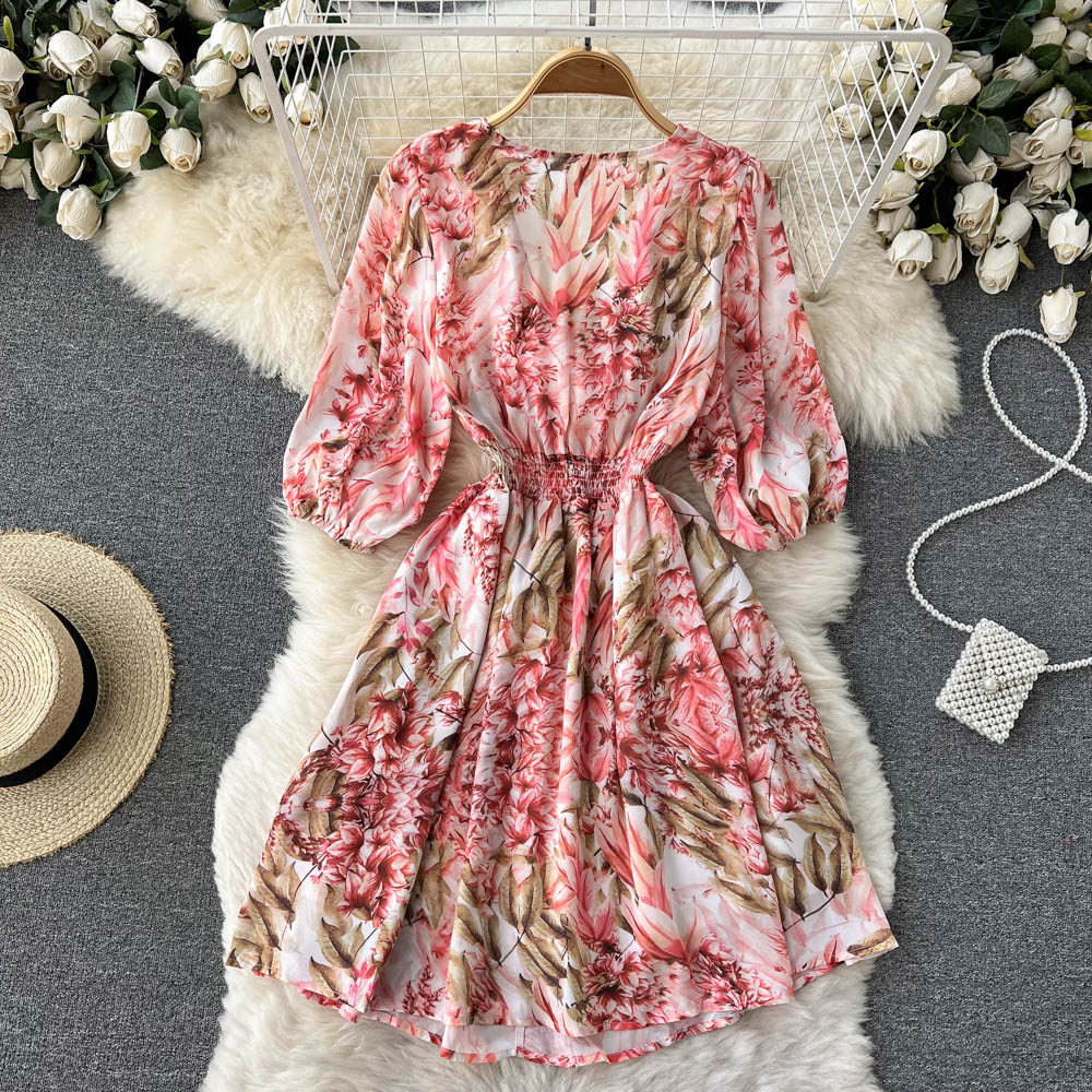 Sweet pinched waist V-neck France style printing dress for women