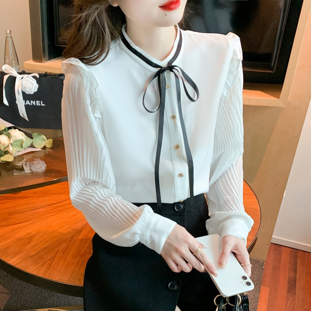 White temperament shirt bow creased tops for women