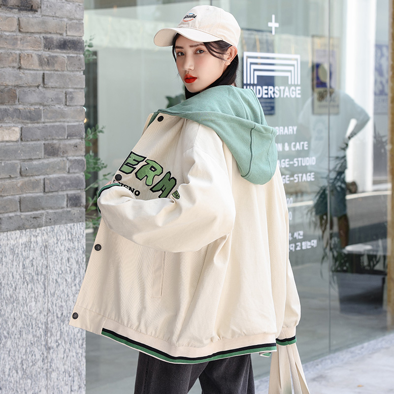 Spring college style loose mixed colors hooded coat
