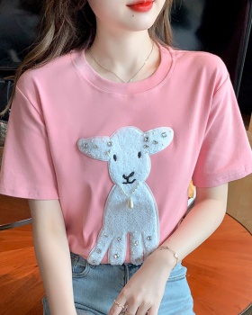 Loose pink short sleeve spring cartoon T-shirt for women