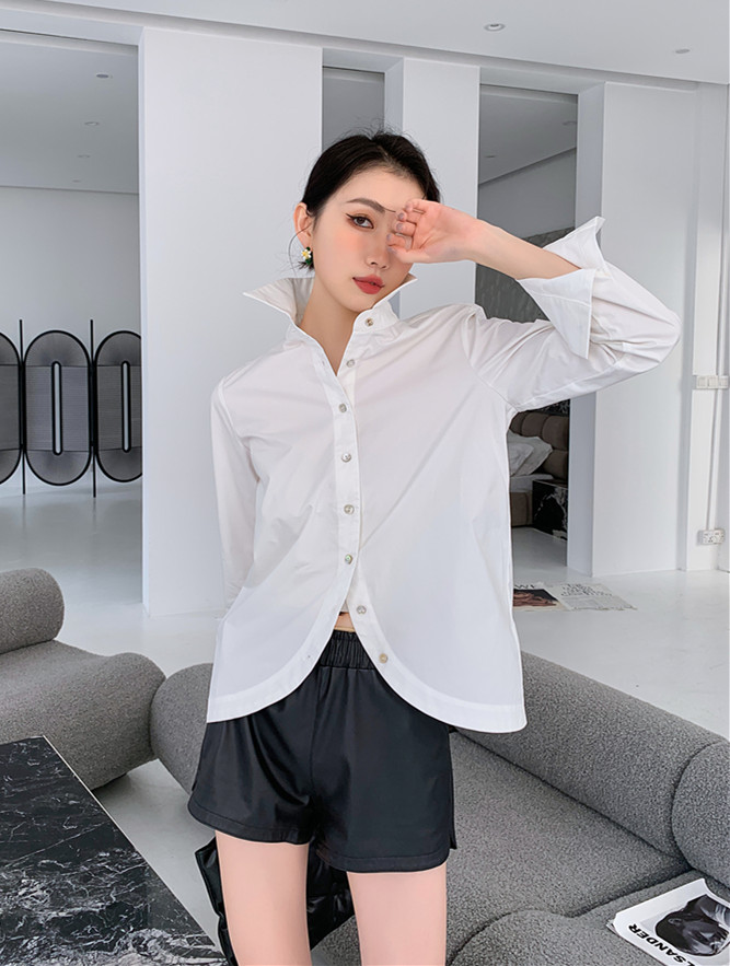 White lazy tops long sleeve arc hem shirt for women
