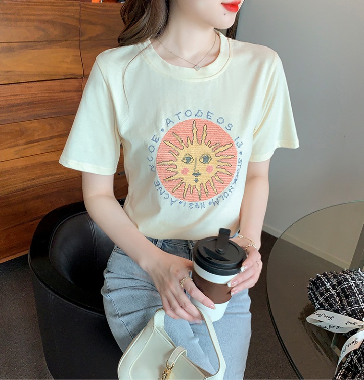 Slim letters short sleeve sun flower T-shirt for women