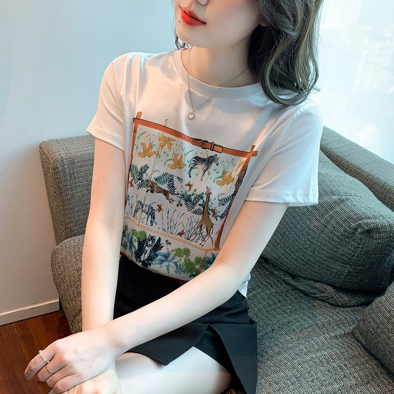 Stitching summer tops real silk T-shirt for women