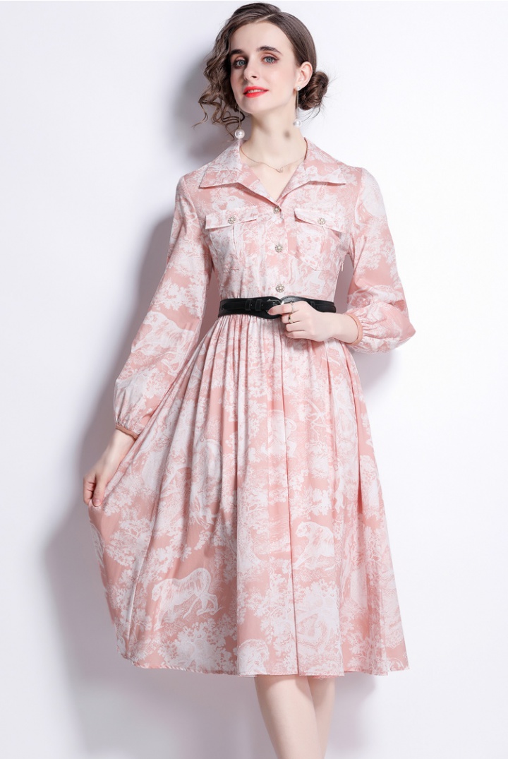 With belt spring pinched waist lined printing dress