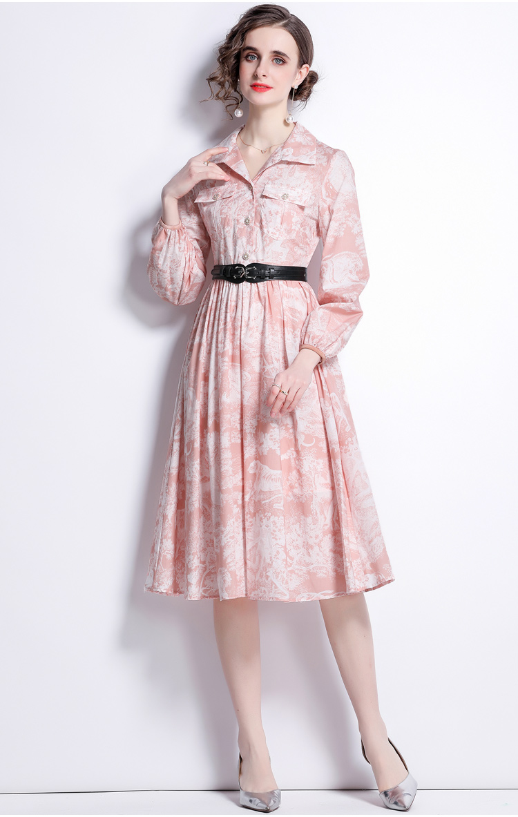 With belt spring pinched waist lined printing dress