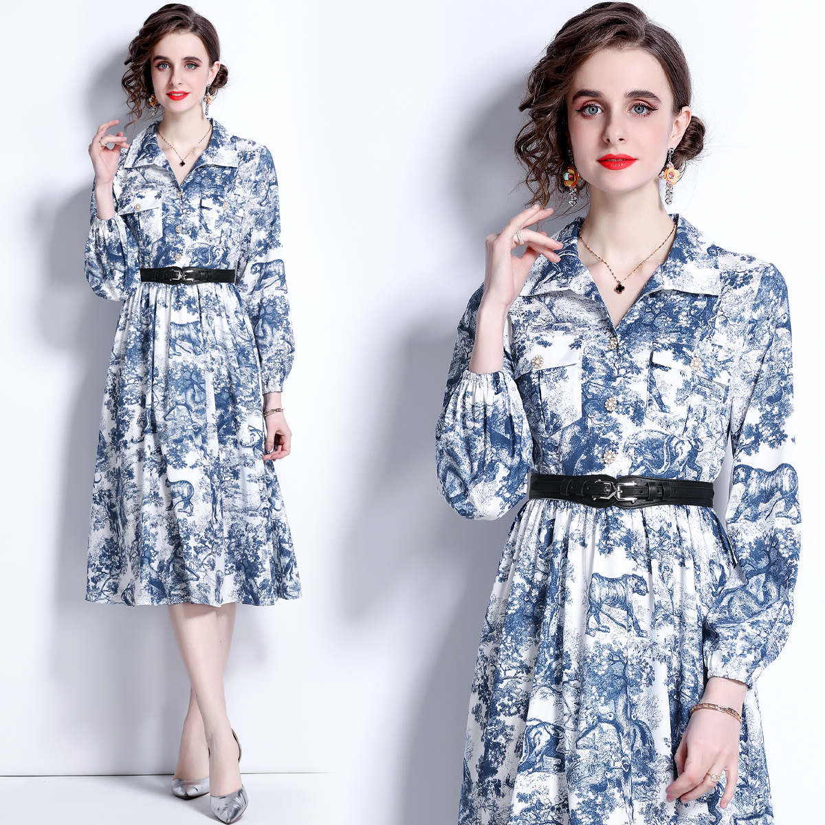 With belt lined printing pinched waist spring dress