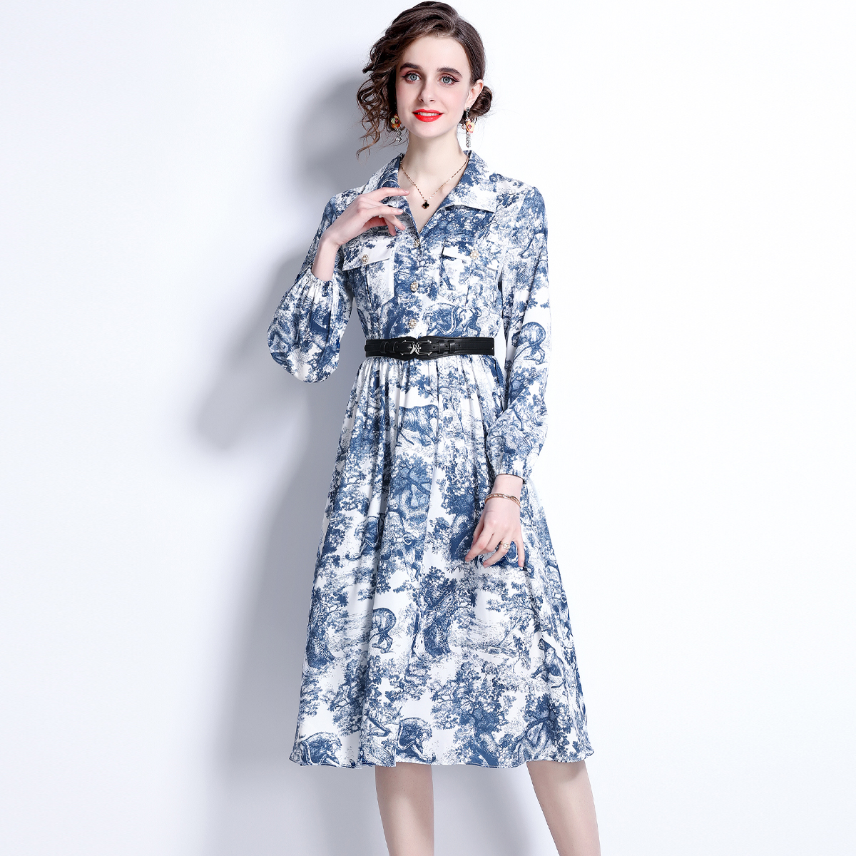 With belt lined printing pinched waist spring dress