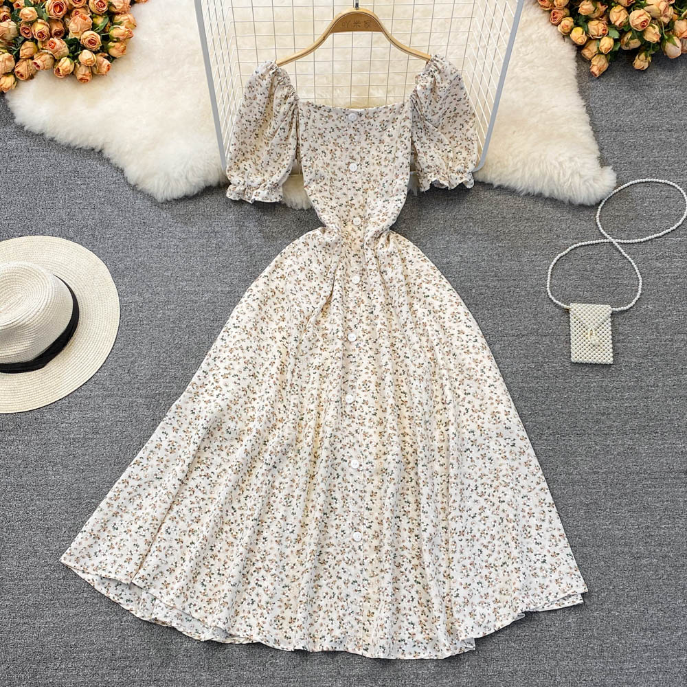 Sweet pinched waist dress floral short sleeve long dress