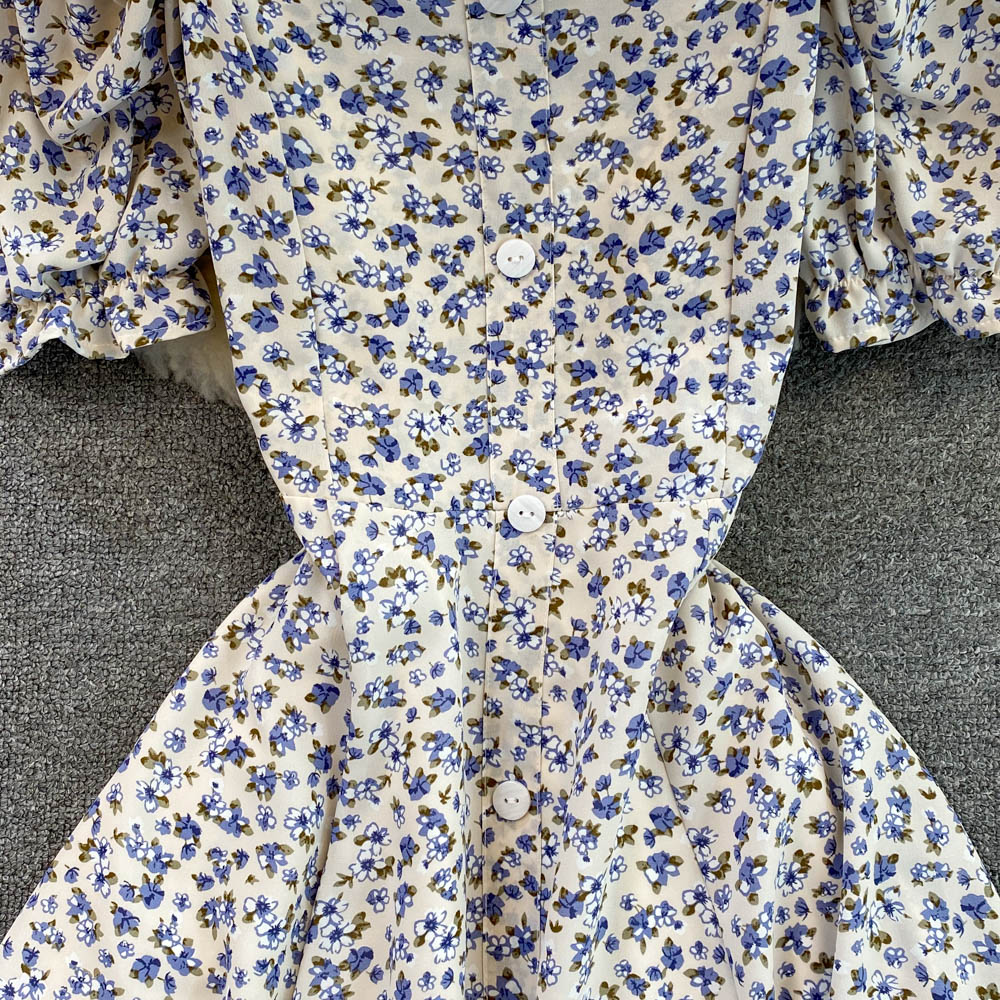 Sweet pinched waist dress floral short sleeve long dress