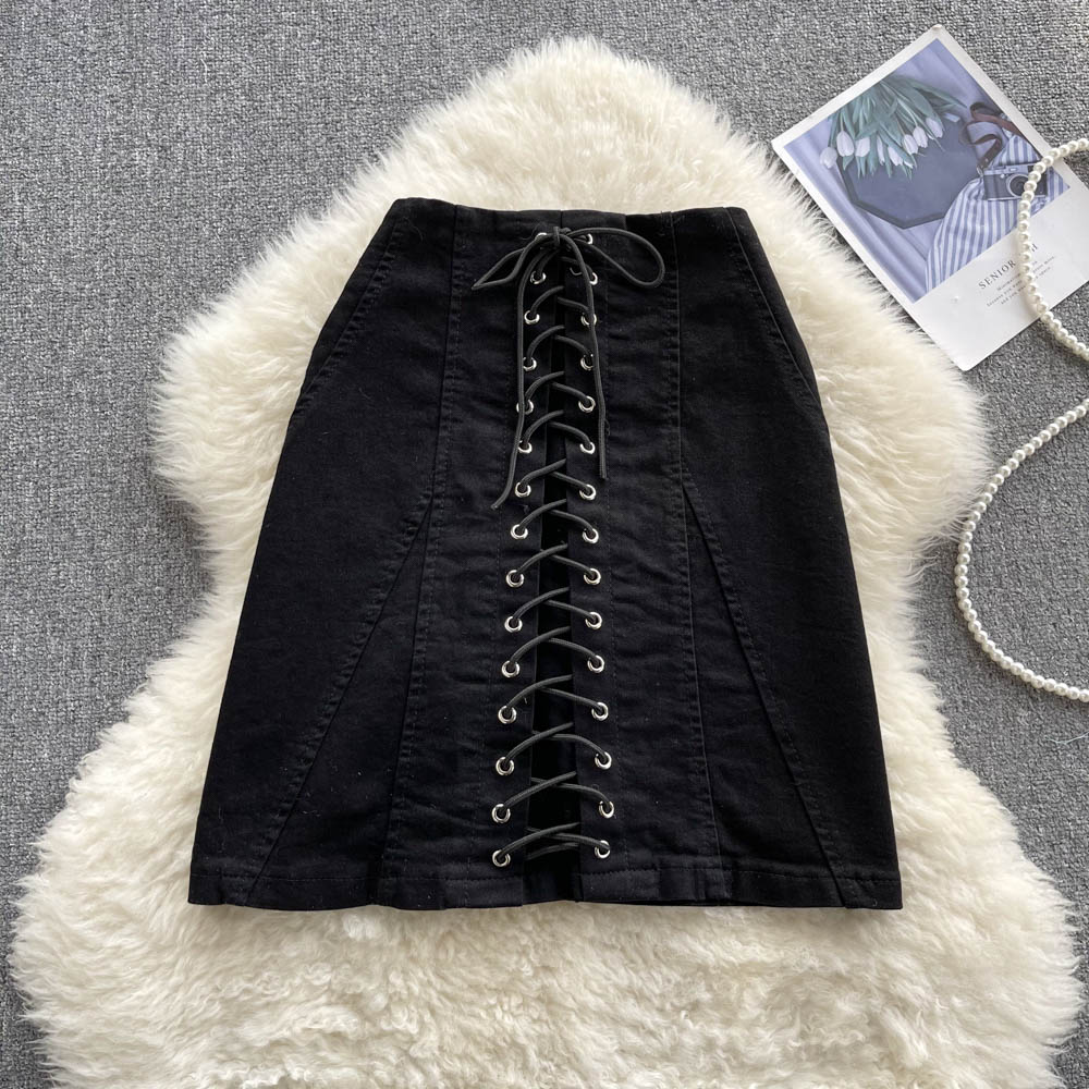 Slim black denim skirt bandage package hip skirt for women