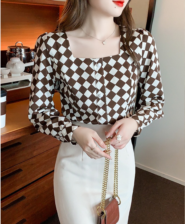 Square collar temperament tops short spring shirt for women