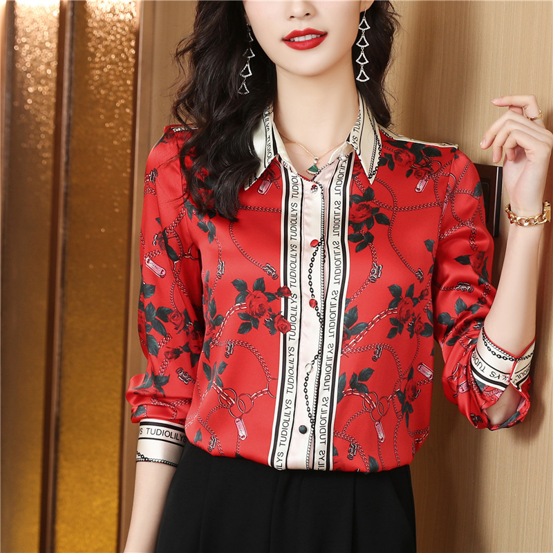 Real silk printing red retro silk all-match shirt for women