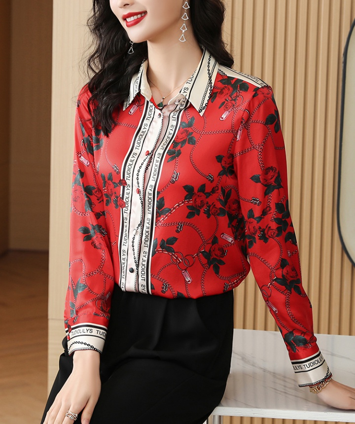 Real silk printing red retro silk all-match shirt for women