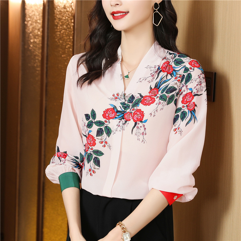Silk long sleeve shirt V-neck floral tops for women