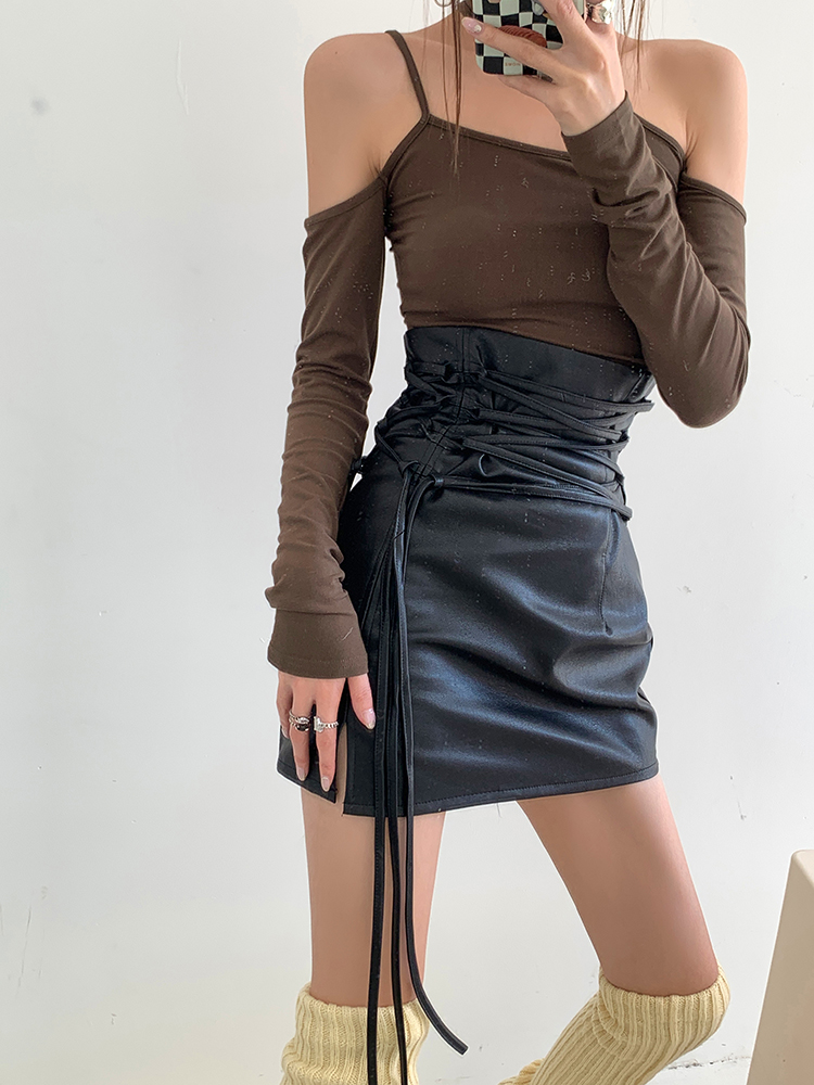 Summer package hip skirt spring leather skirt for women