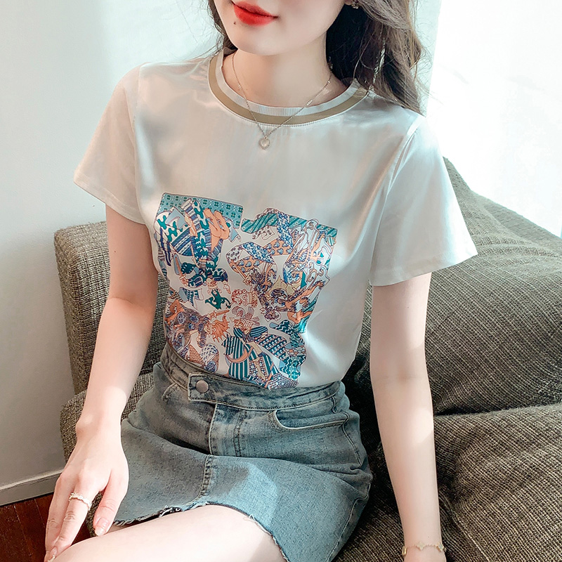 Real silk summer tops satin T-shirt for women