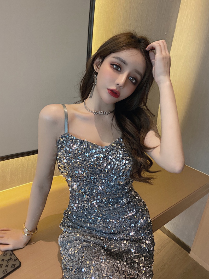 Sexy nightclub sling bottoming sequins package hip dress