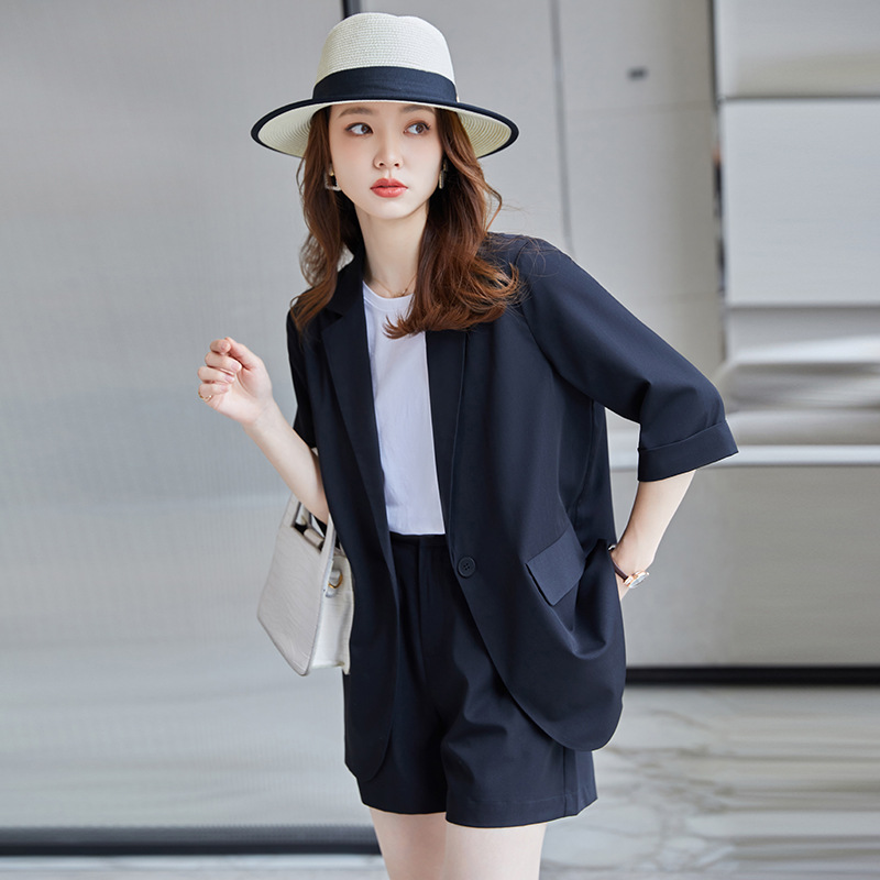 Black Korean style coat Casual thin shorts 2pcs set for women
