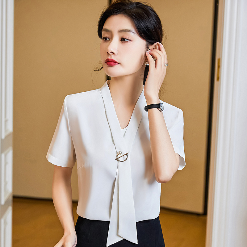 Short sleeve tops white chiffon shirt for women