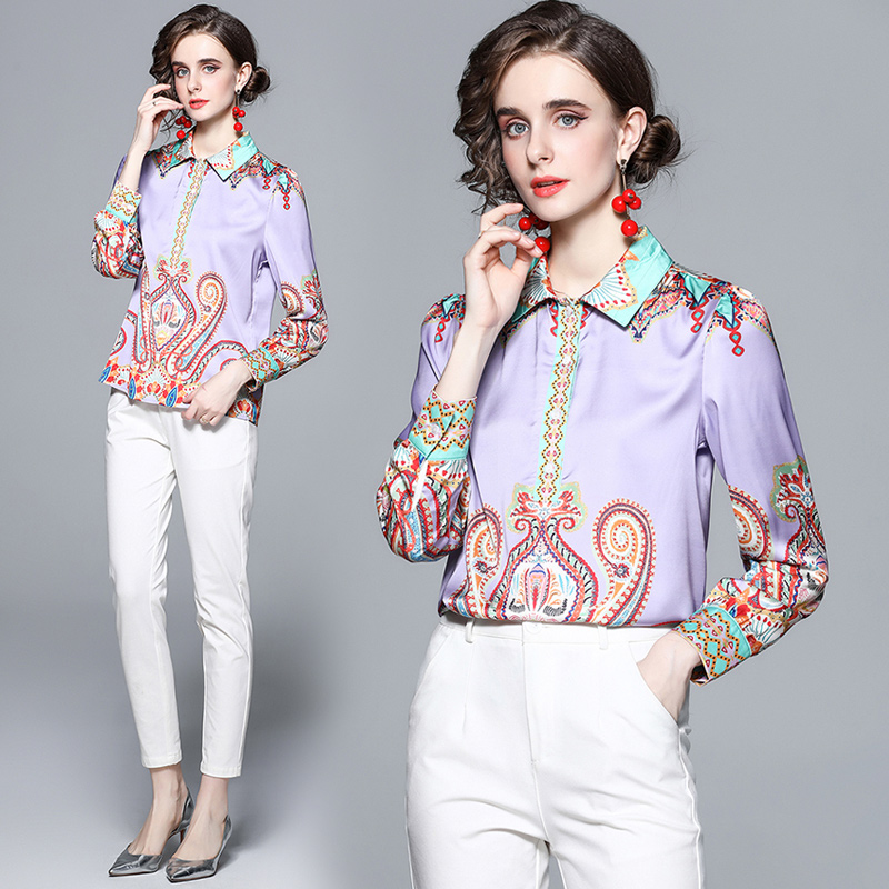 Long sleeve imitation silk printing pattern shirt for women