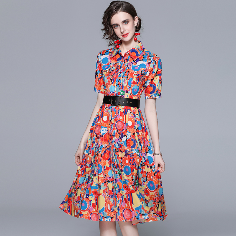 Fashion printing big skirt pinched waist slim lapel dress