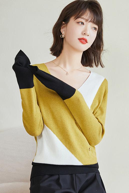 Mixed colors irregular sweater small wool splice tops