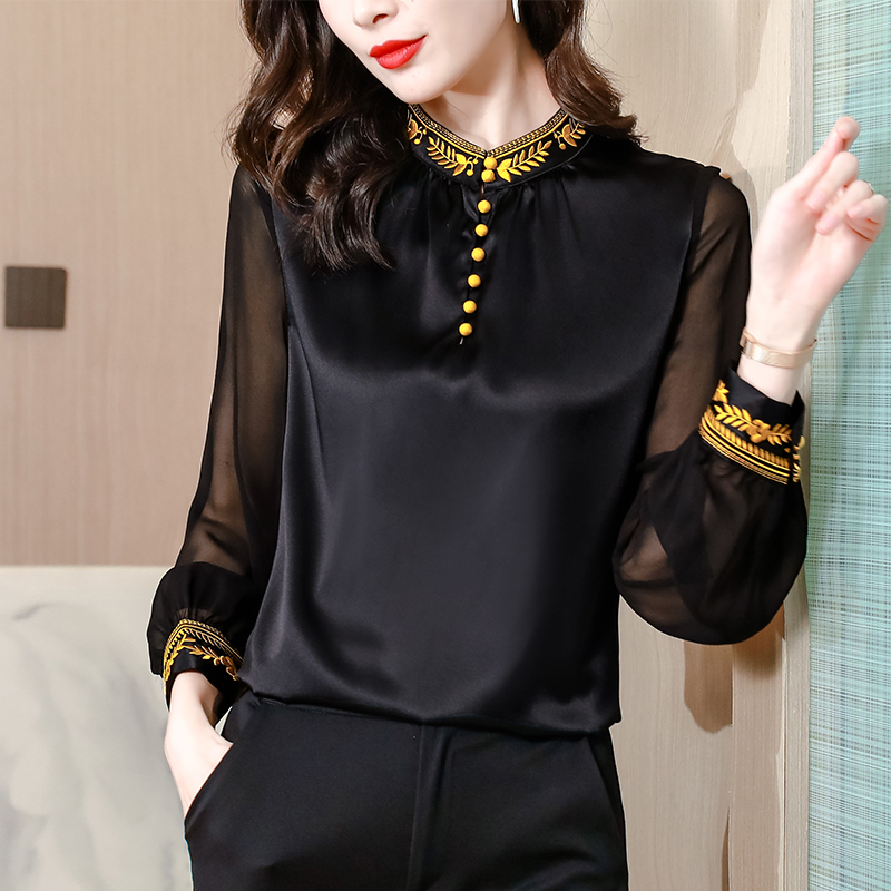 Satin real silk shirt embroidery tops for women