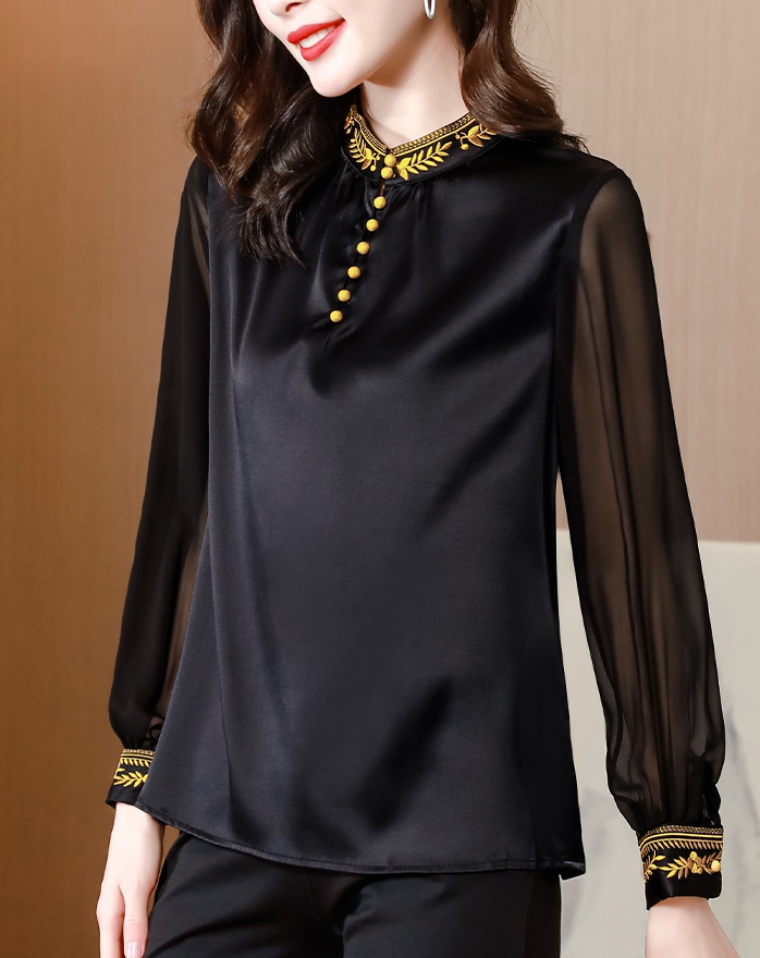 Satin real silk shirt embroidery tops for women