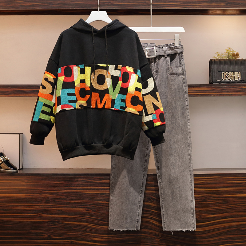 Fashion fat spring jeans loose slim hoodie a set for women