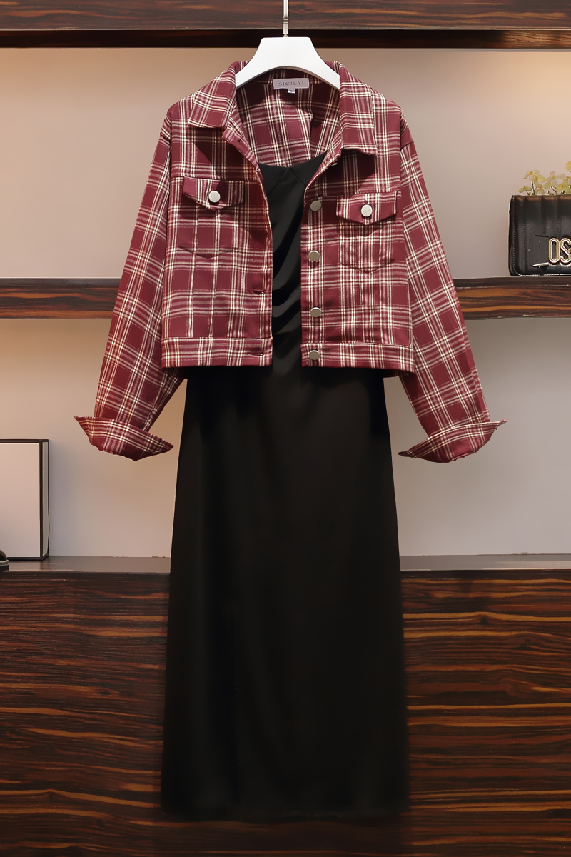 Long sleeve strap dress waistcoat 2pcs set for women