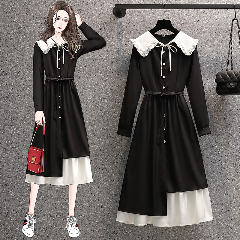 Pinched waist long sleeve mixed colors fat dress