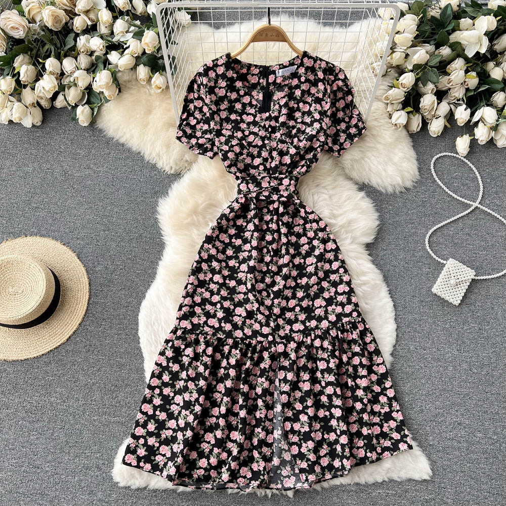 Slim V-neck France style temperament summer fashion dress