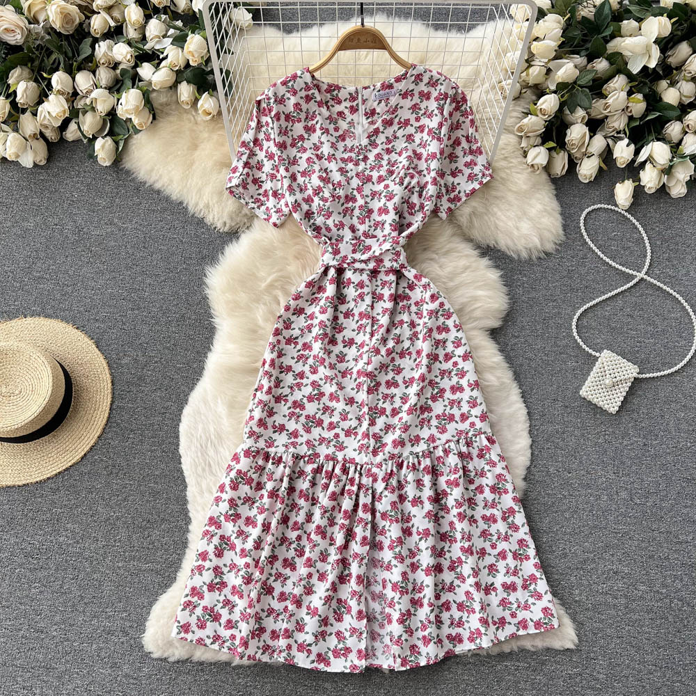 Slim V-neck France style temperament summer fashion dress