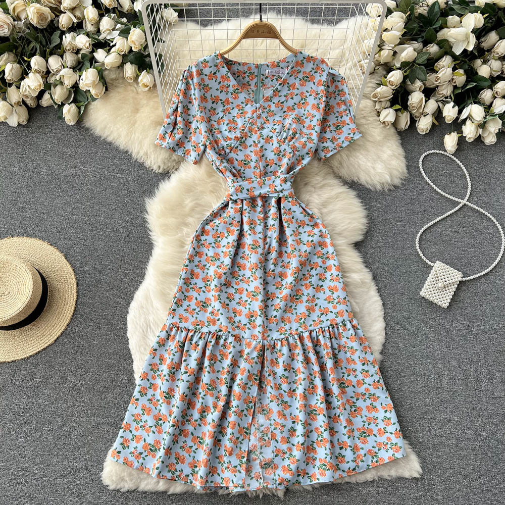 Slim V-neck France style temperament summer fashion dress