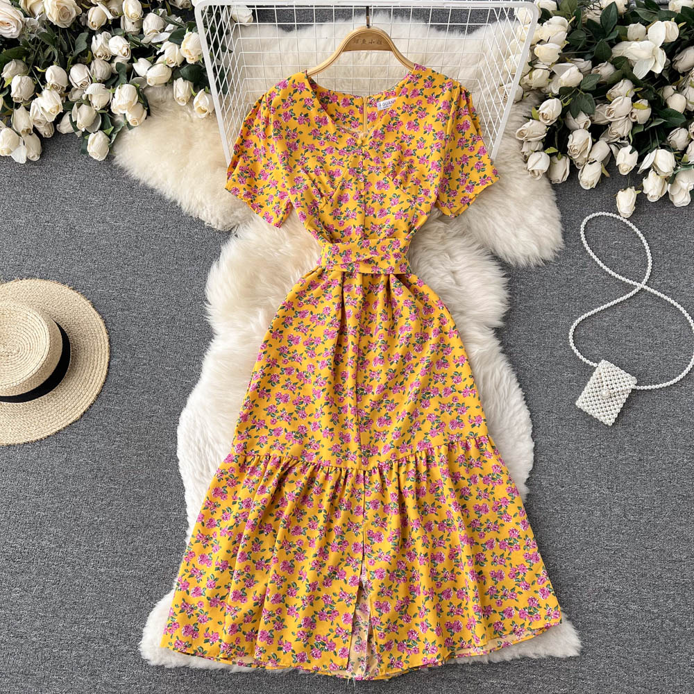 Slim V-neck France style temperament summer fashion dress