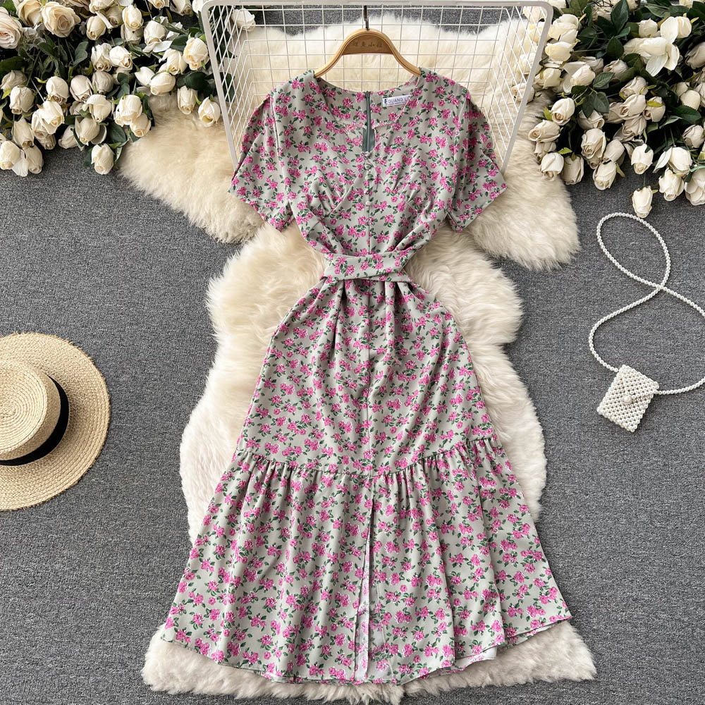 Slim V-neck France style temperament summer fashion dress