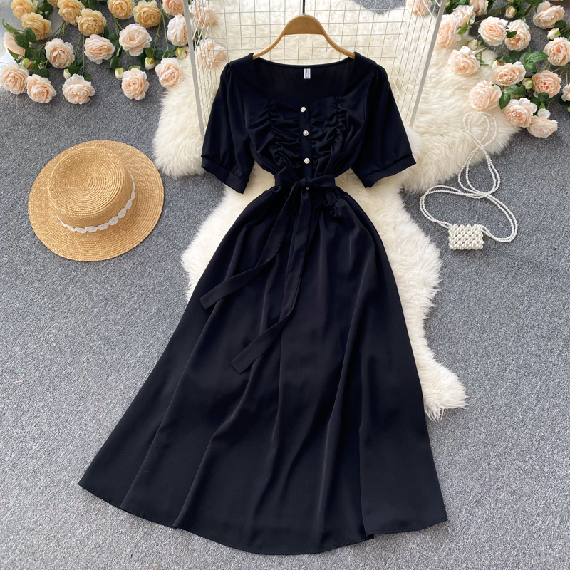 Pinched waist V-neck long dress slim dress for women