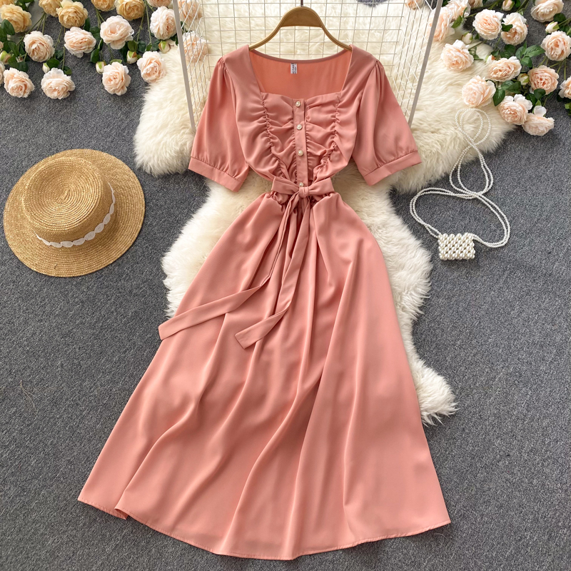 Pinched waist V-neck long dress slim dress for women