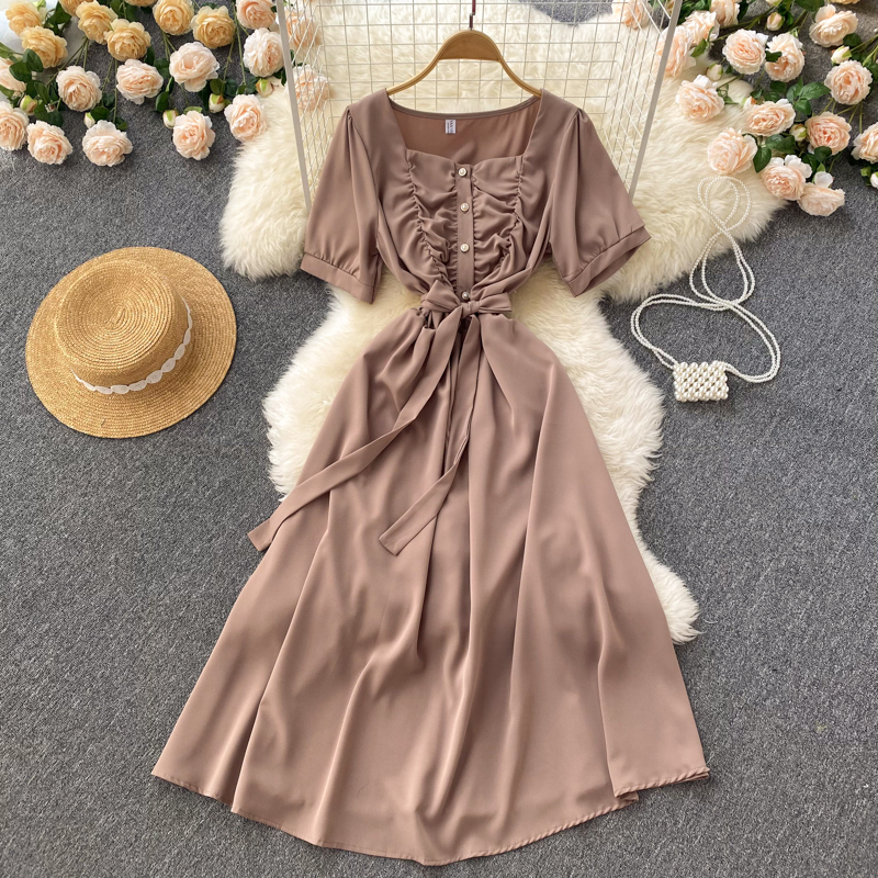 Pinched waist V-neck long dress slim dress for women