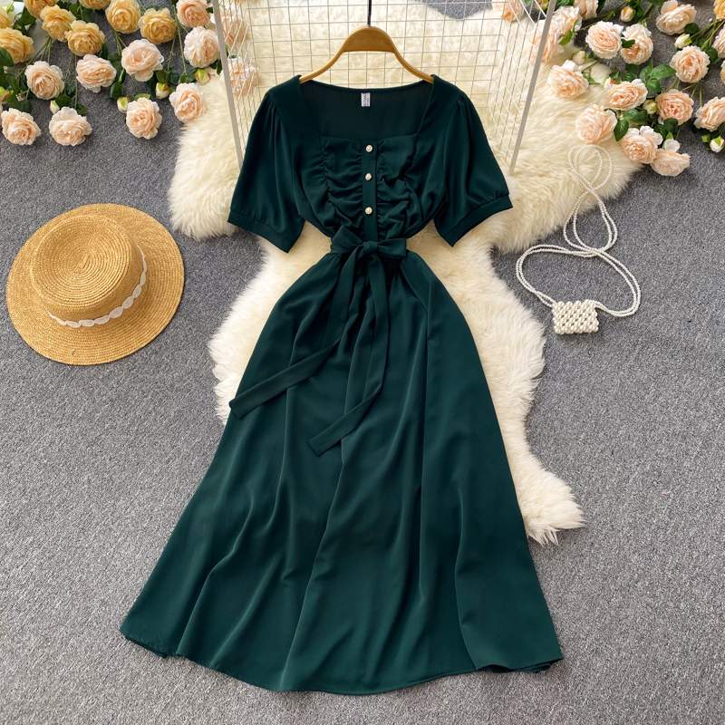 Pinched waist V-neck long dress slim dress for women