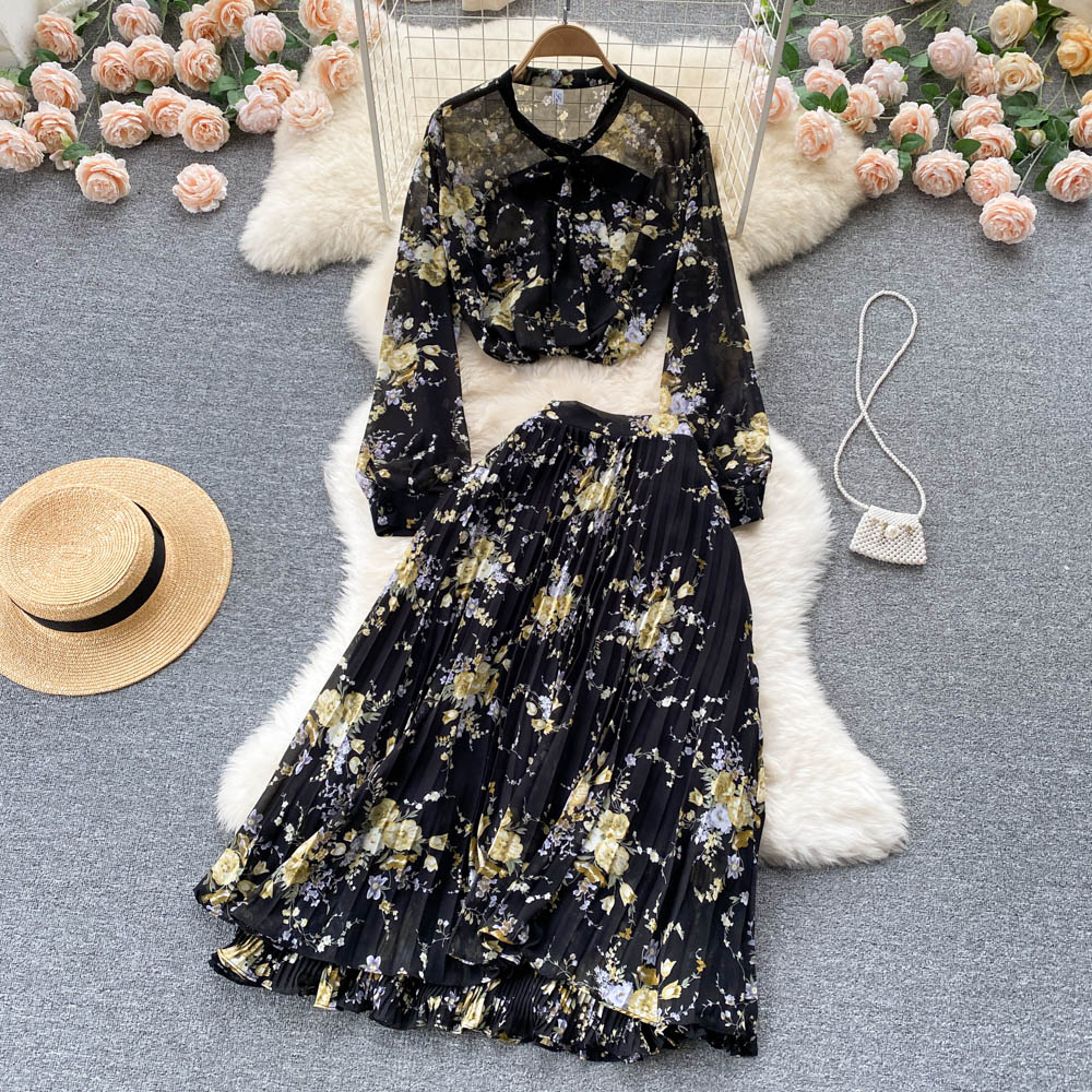 Bow spring Western style skirt crimp chiffon tops 2pcs set