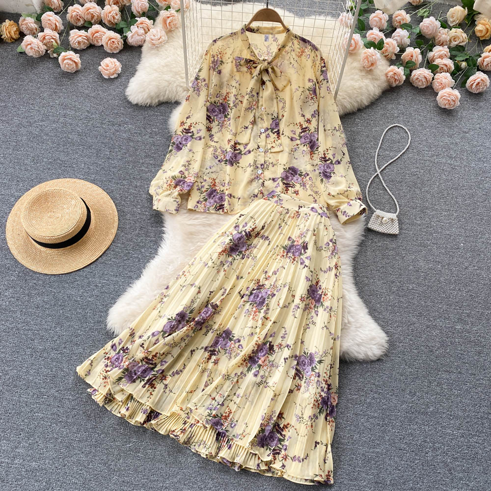 Bow spring Western style skirt crimp chiffon tops 2pcs set