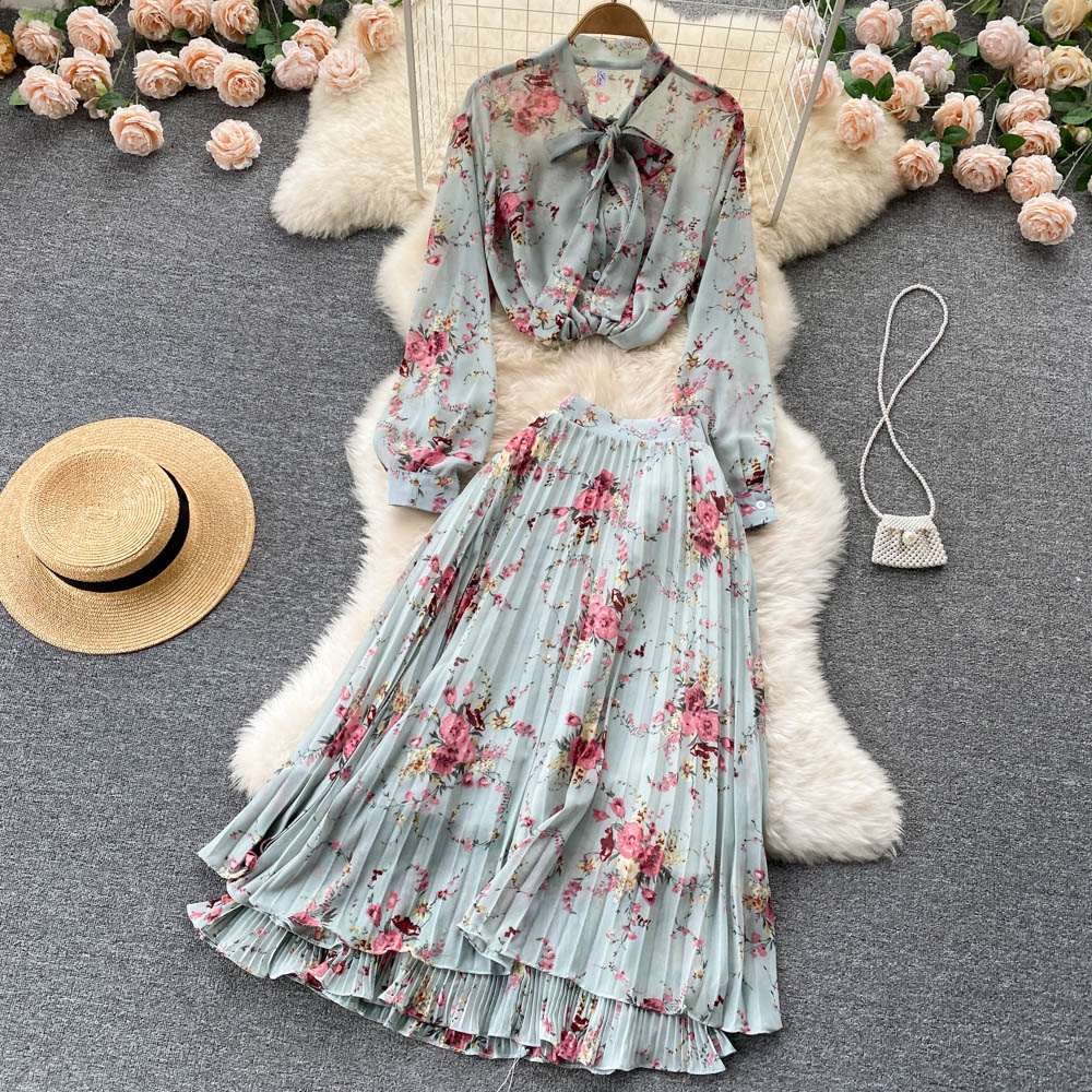 Bow spring Western style skirt crimp chiffon tops 2pcs set