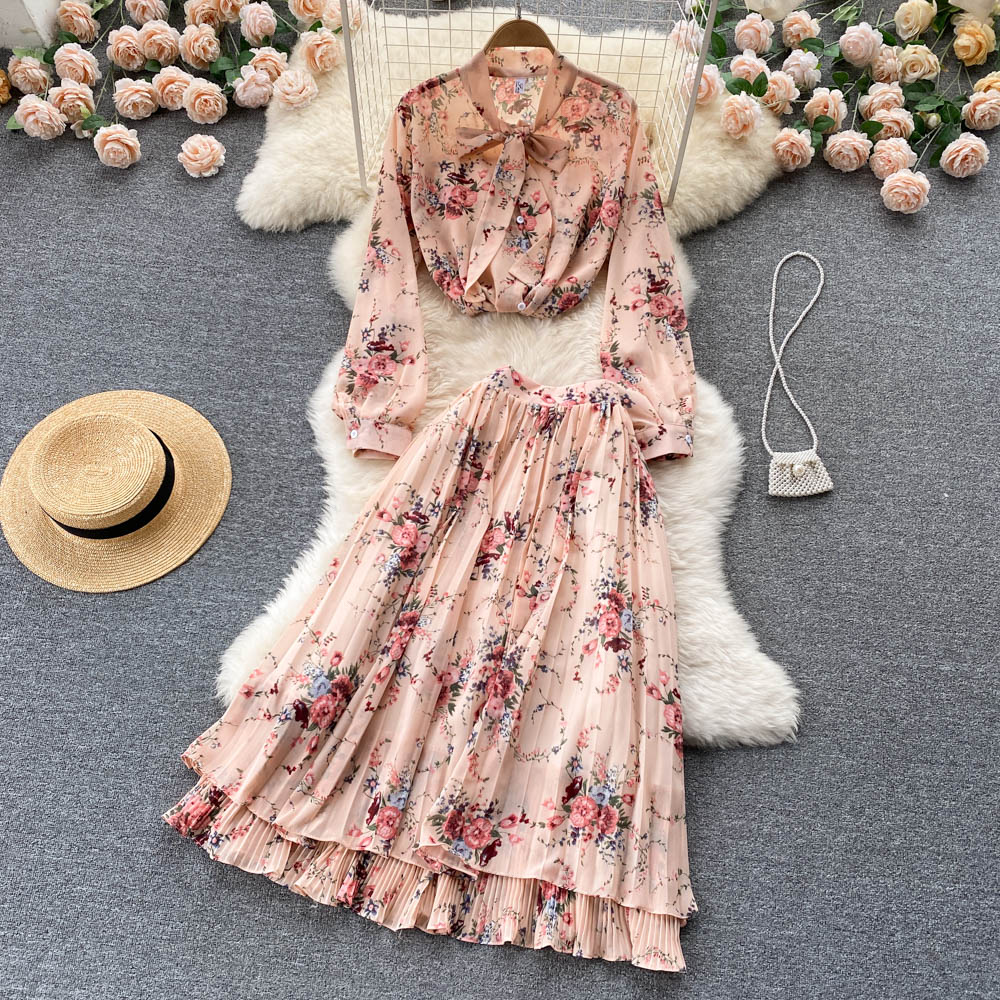 Bow spring Western style skirt crimp chiffon tops 2pcs set