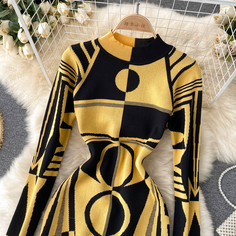 Mixed colors round neck sexy retro dress for women