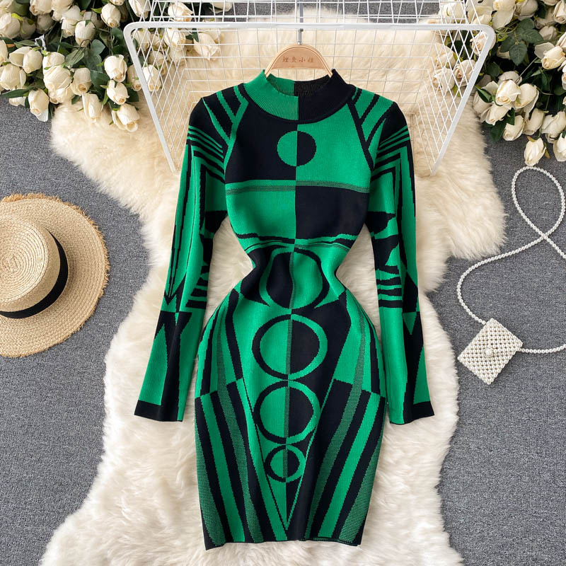 Mixed colors round neck sexy retro dress for women