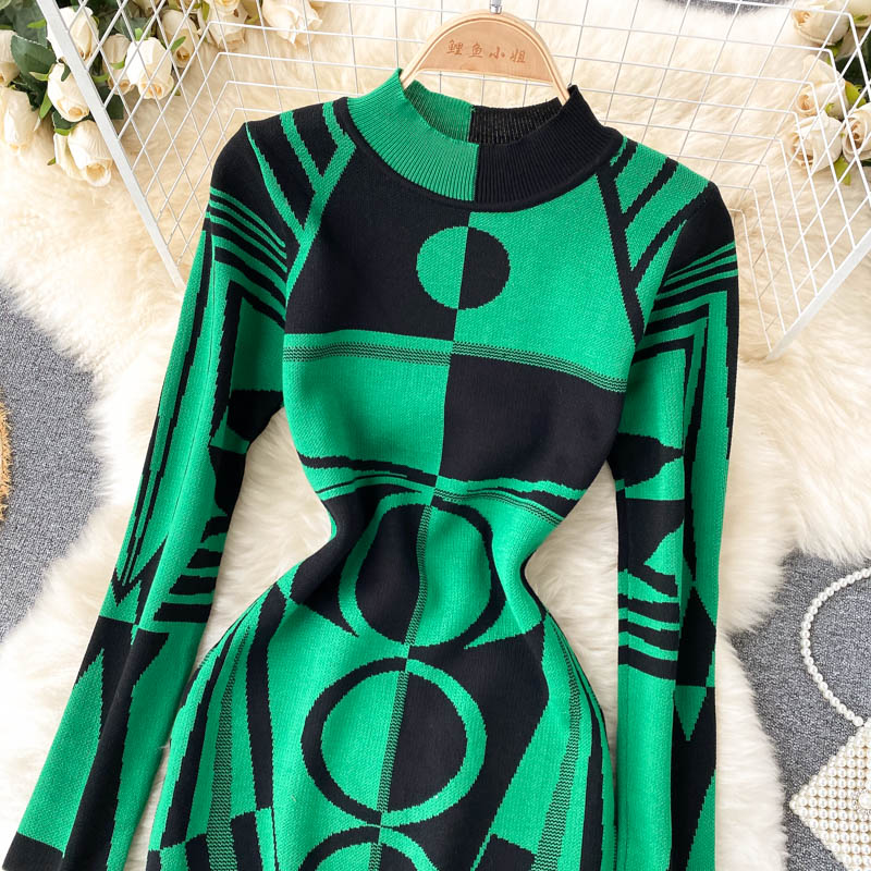 Mixed colors round neck sexy retro dress for women