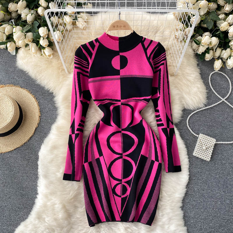 Mixed colors round neck sexy retro dress for women