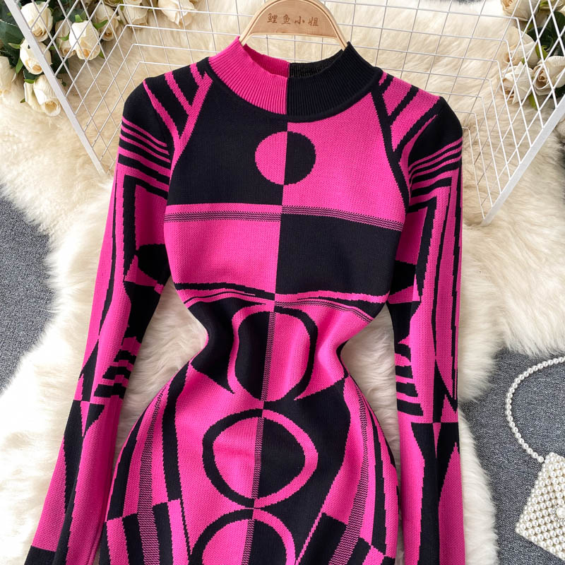 Mixed colors round neck sexy retro dress for women