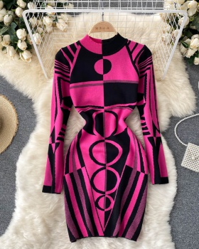 Mixed colors round neck sexy retro dress for women